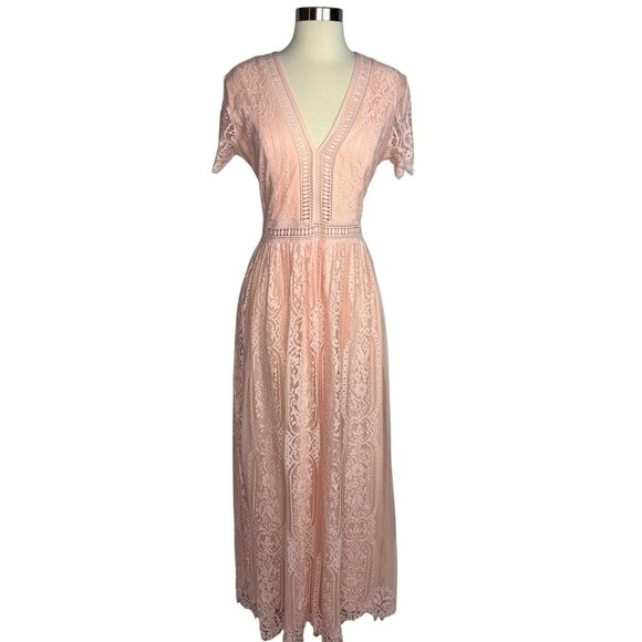 Peach Bohemian Boho Lace V-Neck Maxi Dress Photo Shoot Size Small - Picture 1 of 13